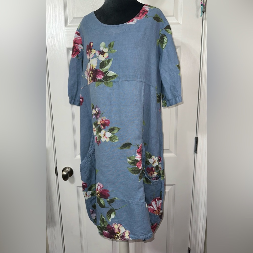 Italian Floral 3/4 sleeve Linen Dress, tunic lagenlook